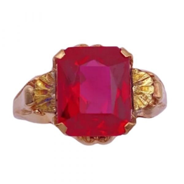 Retro Vintage Ring Lab Ruby 3.62 Carat Radiat Baguette 10K Rose and Yellow Gold