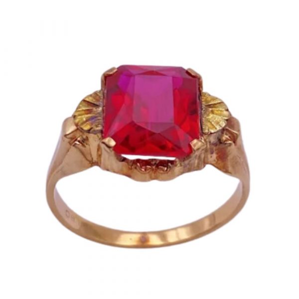 Retro Vintage Ring Lab Ruby 3.62 Carat Radiat Baguette 10K Rose and Yellow Gold bottom view