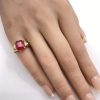 Retro Vintage Ring Lab Ruby 3.62 Carat Radiat Baguette 10K Rose and Yellow Gold hand comparison