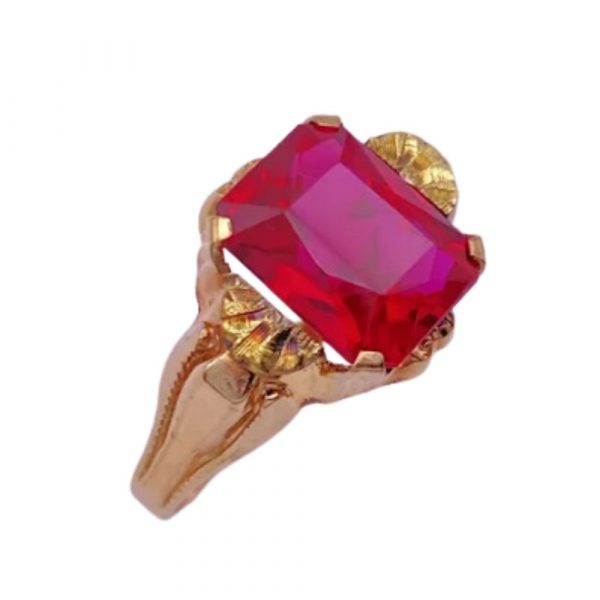 Retro Vintage Ring Lab Ruby 3.62 Carat Radiat Baguette 10K Rose and Yellow Gold side