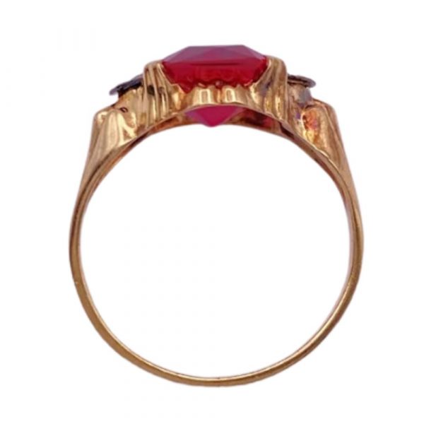 Retro Vintage Ring Lab Ruby 3.62 Carat Radiat Baguette 10K Rose and Yellow Gold top view