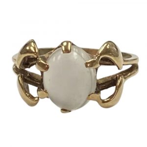 Victorian Moonstone Ring 14K Gold, Leaf or Petal Shoulder Detail