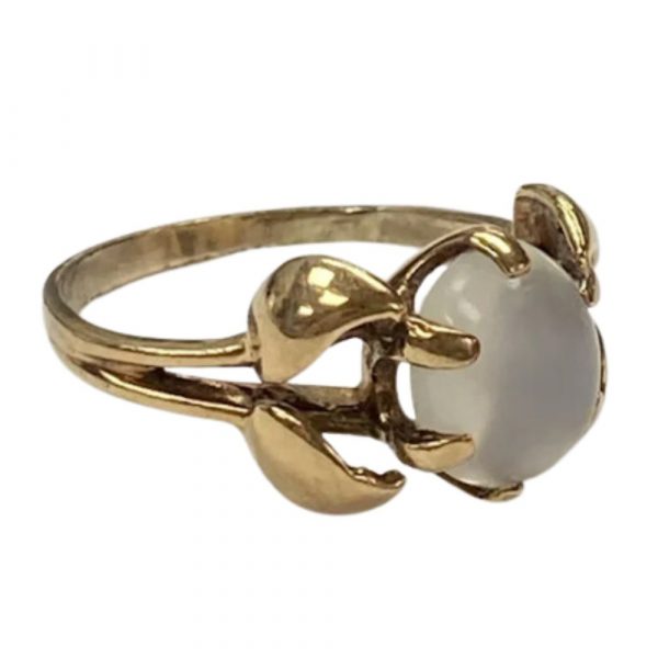 Victorian Moonstone Ring 14K Gold, Leaf or Petal Shoulder Detail side