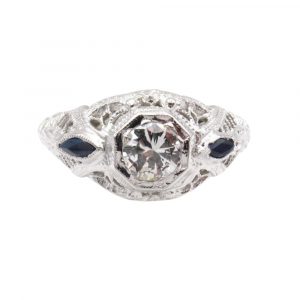 Art Deco Diamond Sapphire Engagement Ring 18k White Gold