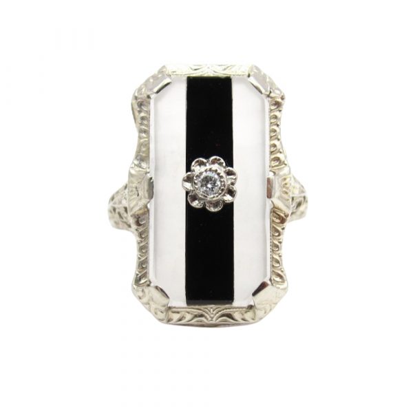 Art Deco Onyx Rock Crystal Filigree Ring