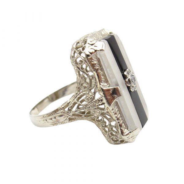 Art Deco Onyx Rock Crystal Filigree Ring Side