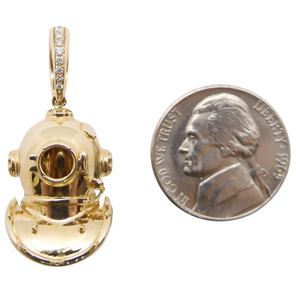 Custom Diving Helmet Detailed Pendant With Diamond Bail 0.06ctw 14K Yellow Gold - Mini Coin Size Comparison