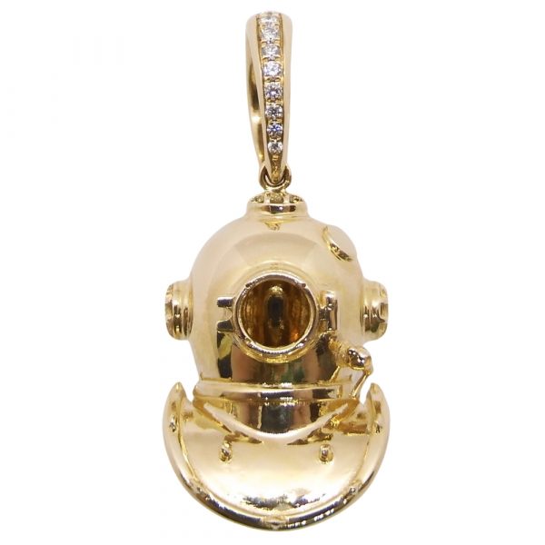 Custom Diving Helmet Detailed Pendant With Diamond Bail 0.06ctw 14K Yellow Gold - Mini Front