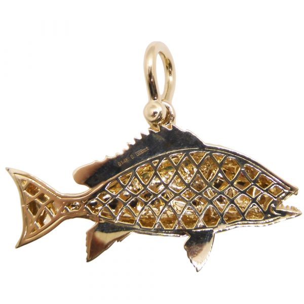 Custom Red Snapper Detailed Fish Pendant 0.03ct Ruby Eye 14K Yellow Gold Back