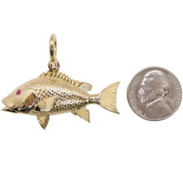 Custom Red Snapper Detailed Fish Pendant 0.03ct Ruby Eye 14K Yellow Gold Coin Size Comparison