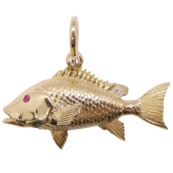 Custom Red Snapper Detailed Fish Pendant 0.03ct Ruby Eye 14K Yellow Gold Front