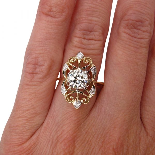 Edwardian 1 carat Filigree Engagement Ring Yellow Gold Worn