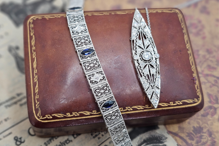 Art deco diamond and sapphire bracelet and Diamond Art Deco pendant on box