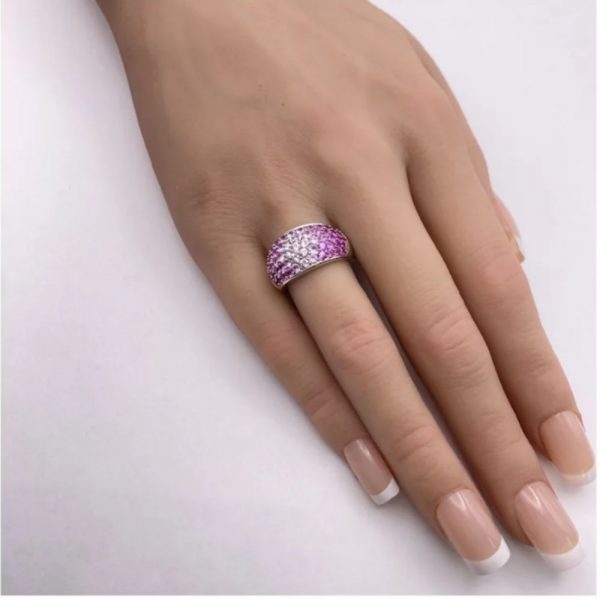 Ombré Pink Sapphire Ring 14K White Gold 5.90 Carat TW hand