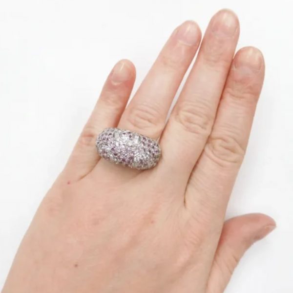 Pink Sapphire and Diamond 2.91 ctw Domed Fashion Ring with Heart Accents 18k White Gold hand comparison