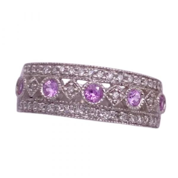 Pink Sapphire and Diamond Wide Band Ring 14K White Gold 1.02 Carat TGW