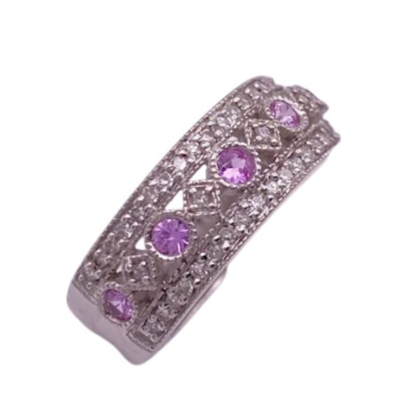 Pink Sapphire and Diamond Wide Band Ring 14K White Gold 1.02 Carat TGW side