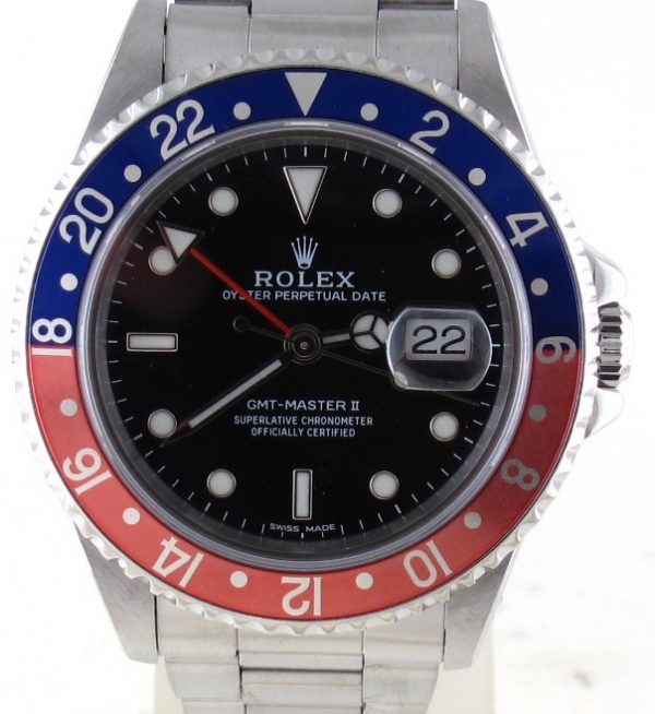 Pre-Owned Rolex GMT Master II (1989) Stainless Steel Model 16710 Front Close