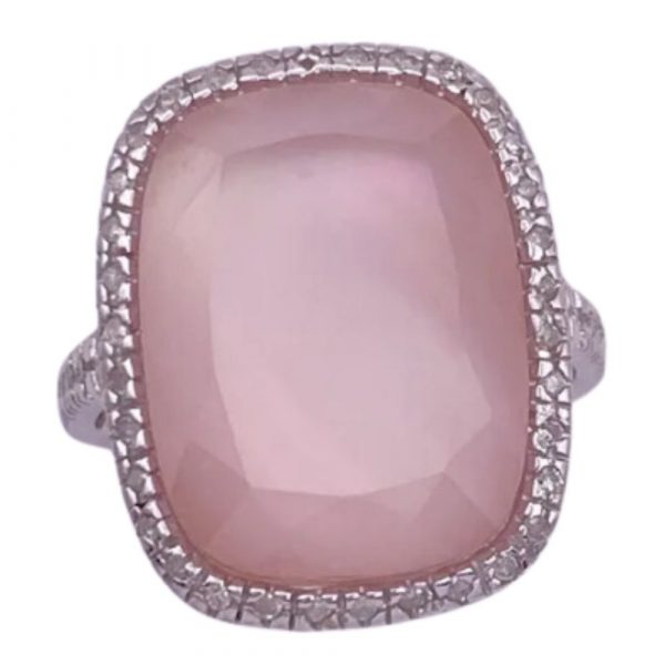 Vintage Big Statement Ring Quartz over Pink MOP Diamond Halo Ring 10K White Gold