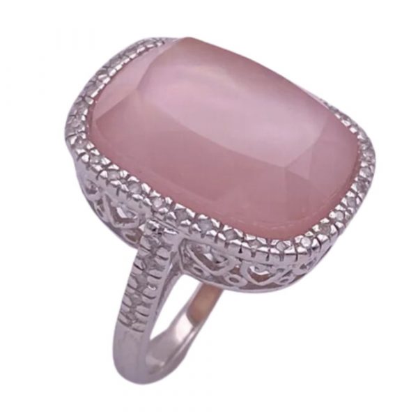 Vintage Big Statement Ring Quartz over Pink MOP Diamond Halo Ring 10K White Gold side