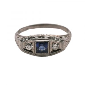 0.87ctw Art Deco Sapphire and Diamond Ring 18K