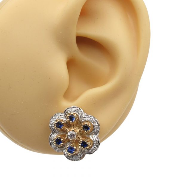 1.62ctw Sapphire and Diamond Flower Stud Earrings 14K worn