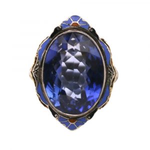 16.08ct Lab Sapphire & Enamel Vintage Filigree Ring 14K Two-Tone