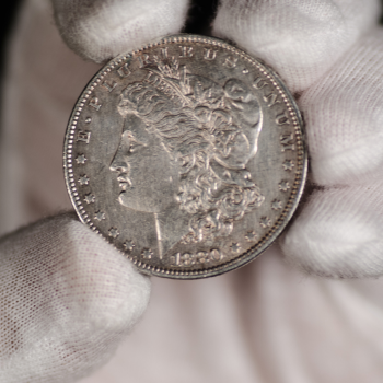 1880 Morgan Silver dollar with gloves