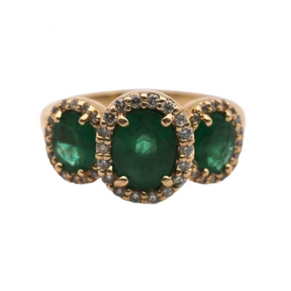 3.30ctw Emerald and Diamond 3-Stone Halo Ring 14K