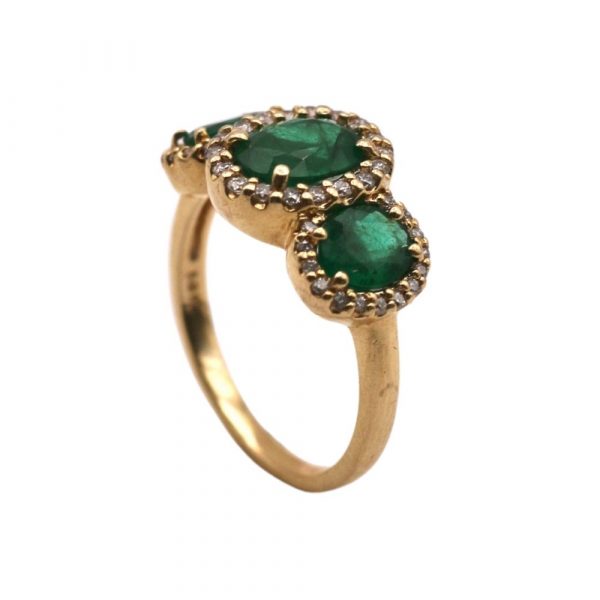 3.30ctw Emerald and Diamond 3-Stone Halo Ring 14K side