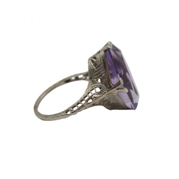 Art Deco Amethyst Ring 14K White Gold Filigree side