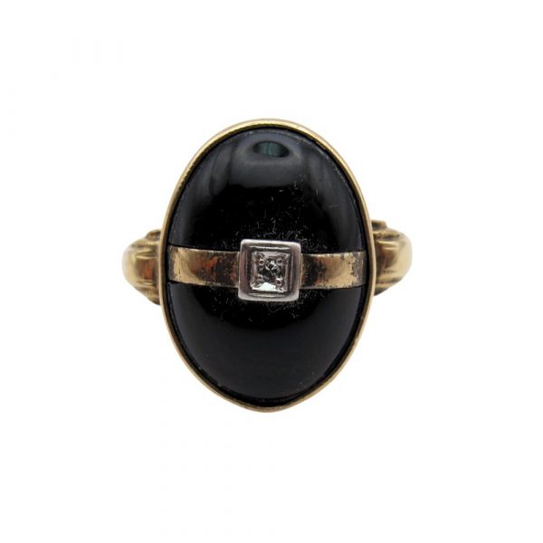 Art Deco Onyx and Diamond 14K Two-Tone Ring