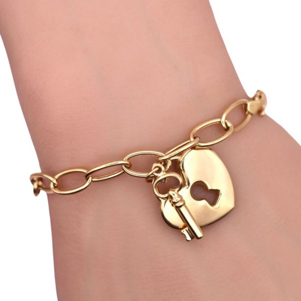 Heart lock and key oval link bracelet worn