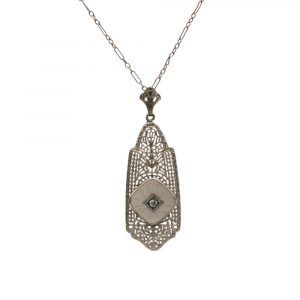 Art Deco Camphor Glass and Diamond Necklace 10K