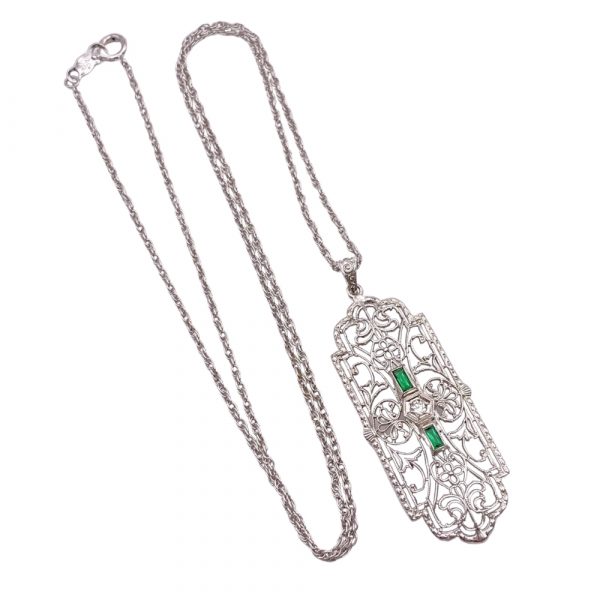 Art Deco Diamond and Emerald Filigree Pendant Necklace