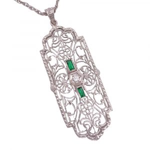 Art Deco Diamond and Emerald Filigree Pendant Necklace Closeup