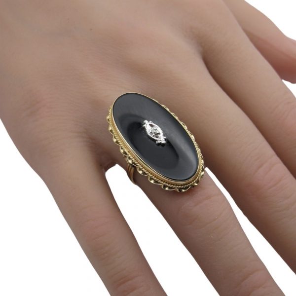 Big Vintage Onyx and Diamond Ring 14K Two-Tone Gold Worn