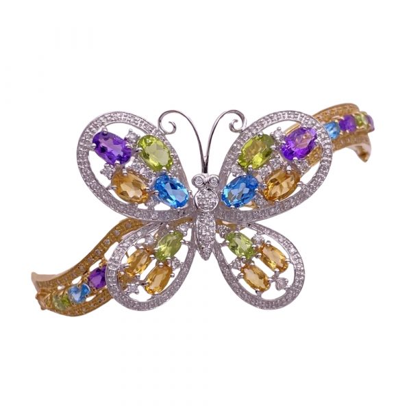 Colorful Three Dimensional Butterfly Bangle Bracelet Yellow Gold