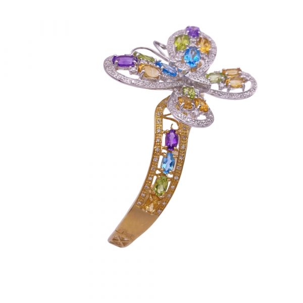 Colorful Three Dimensional Butterfly Bangle Bracelet Yellow Gold Side