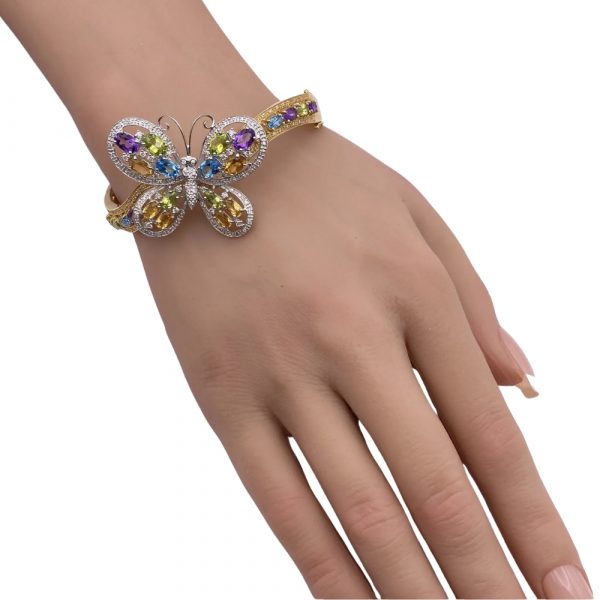 Colorful Three Dimensional Butterfly Bangle Bracelet Yellow Gold Worn