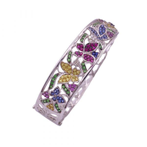 Colorful Gemstone Butterfly Bangle Bracelet White Gold Side