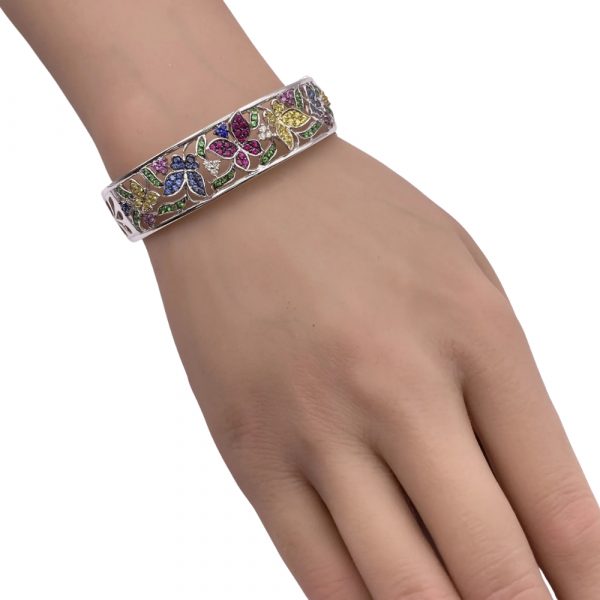 Colorful Gemstone Butterfly Bangle Bracelet White Gold Worn