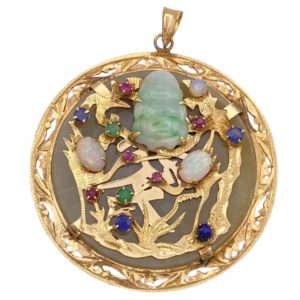 HUGE Multiple Gemstone Oriental Pendant BUDDHA 14K Gold, Jade, Opal, Emerald, Sapphire, Ruby, Lapis