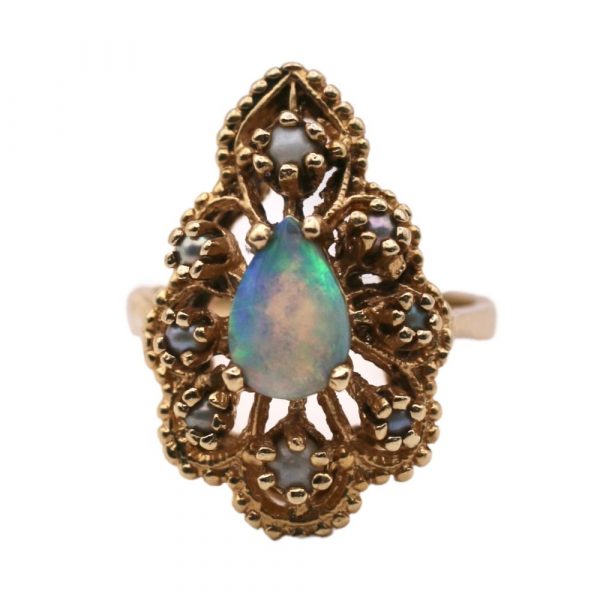 Natural Opal & Seed Pearl Vintage Ring 14K