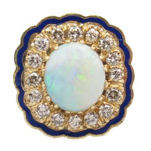 Opal, Diamond Halo, and Cobalt Enamel Ring 14K