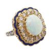 Opal, Diamond Halo, and Cobalt Enamel Ring 14K side