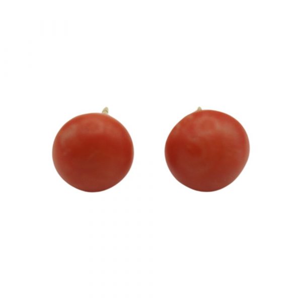 Red Coral Button Stud Earrings 18K