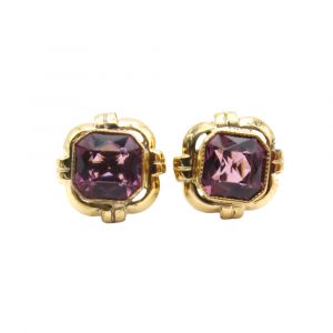 Retro Purple Paste Stud Earrings 14k Yellow Gold