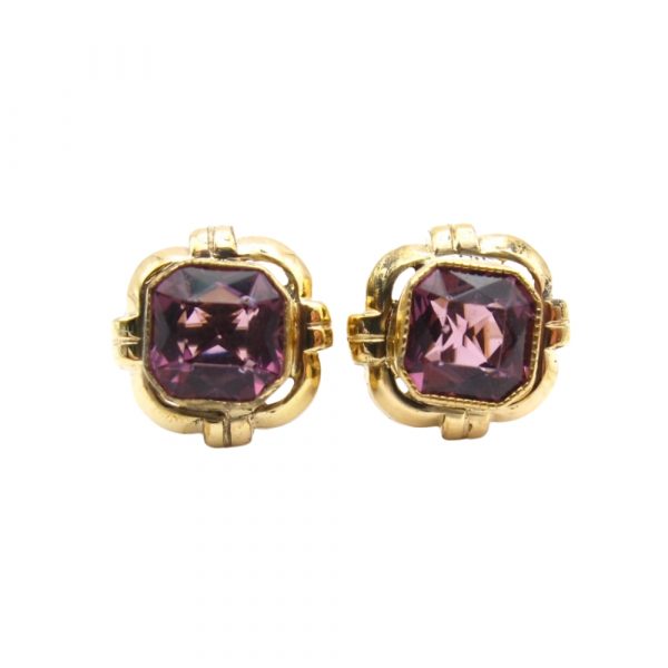 Retro Purple Paste Stud Earrings 14k Yellow Gold