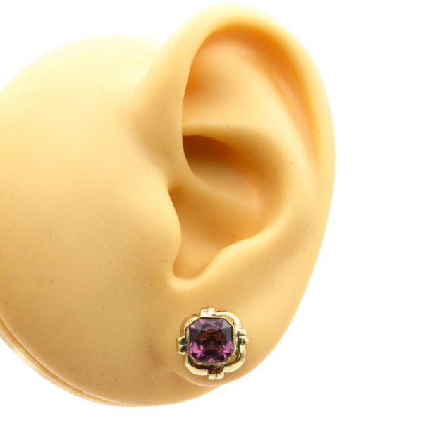 Retro Purple Paste Stud Earrings 14k Yellow Gold Worn